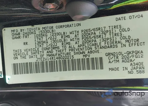 2004 Toyota 4Runner Sr5 V6 from USA, damaged, VIN JTEZU14R148022215